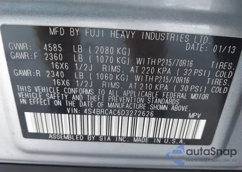 2013 Subaru Outback 2.5I из США, поврежденный, VIN 4S4BRCAC6D3272626